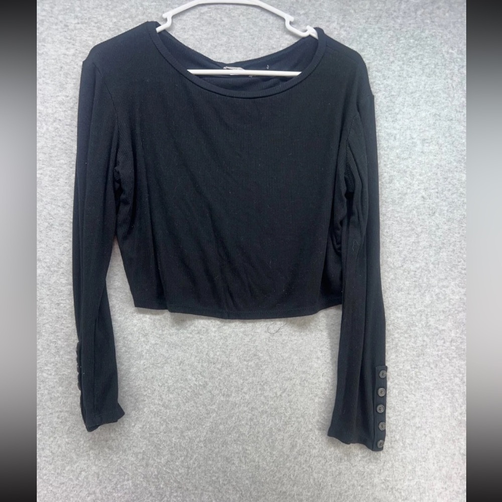 Active USA Black Long Sleeve Top with Button Accents